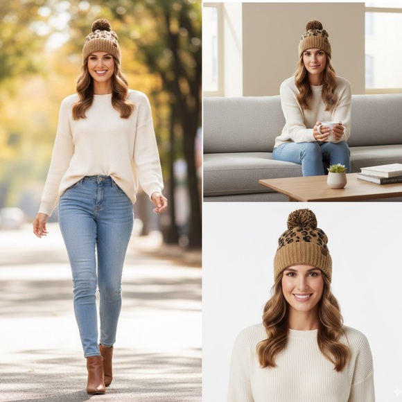 C.C Leopard Pom Beanie | Fuzzy Knit Winter Hat | Animal Print Beanie 🐆 - Picture 3 of 9